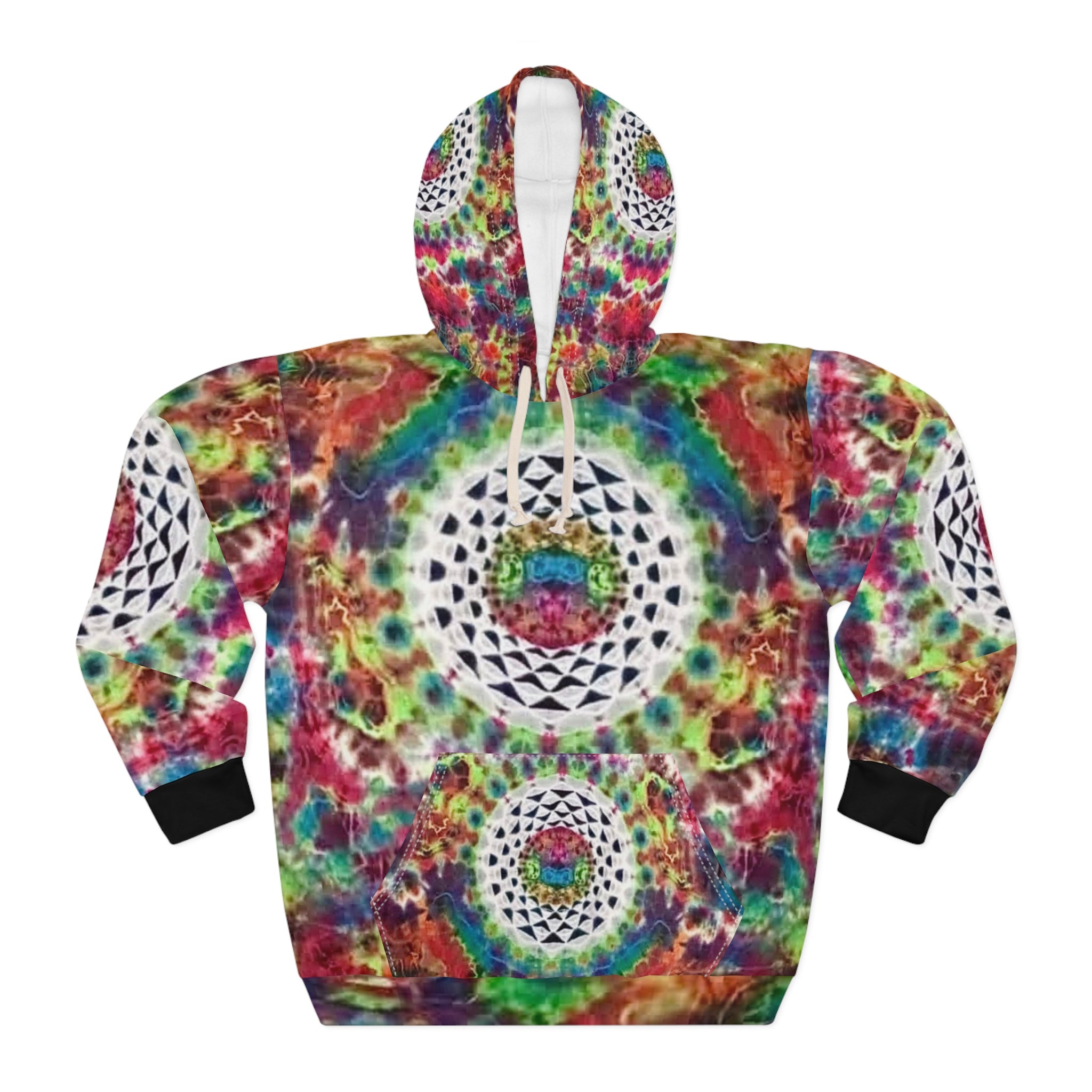 Colorful Mandala Unisex Hooded Pullover, Sacred Spectrum Tie Dye Print, Festival Wear, Bohemian Fashion, Cozy Gift, Spiritual Vibes