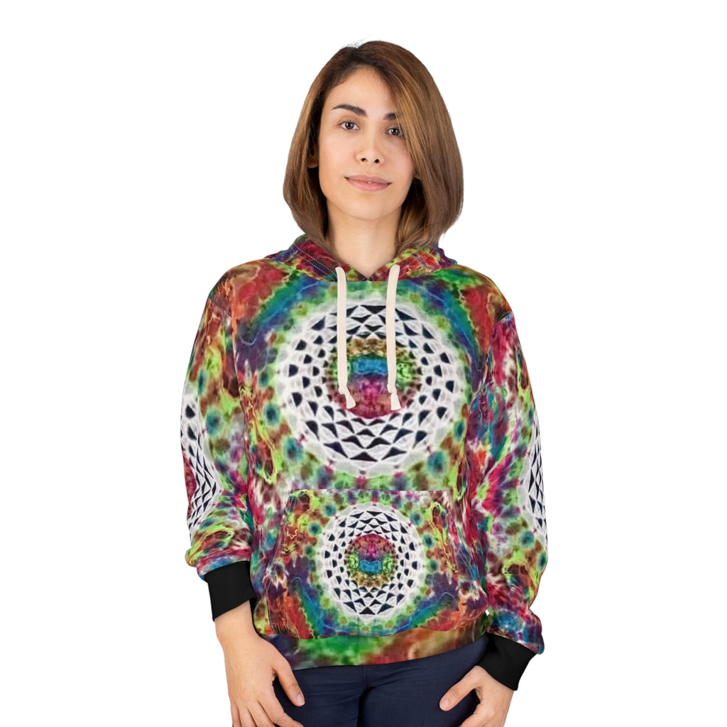 Colorful Mandala Unisex Hooded Pullover, Sacred Spectrum Tie Dye Print, Festival Wear, Bohemian Fashion, Cozy Gift, Spiritual Vibes