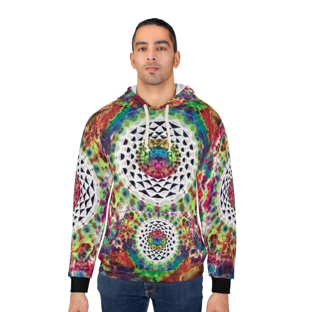 Colorful Mandala Unisex Hooded Pullover, Sacred Spectrum Tie Dye Print, Festival Wear, Bohemian Fashion, Cozy Gift, Spiritual Vibes